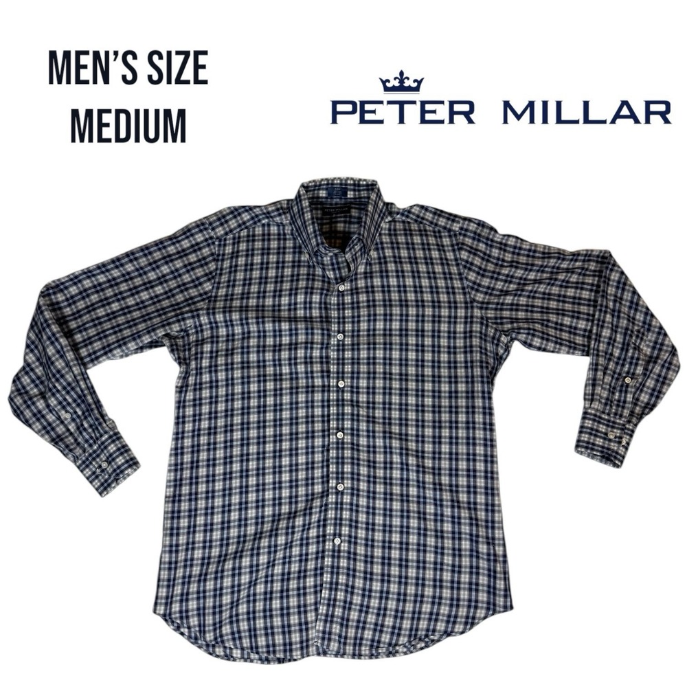 Peter Millar Button Down Shirt‎ Size Medium Long Sleeve Blue Plaid Cotton Casual